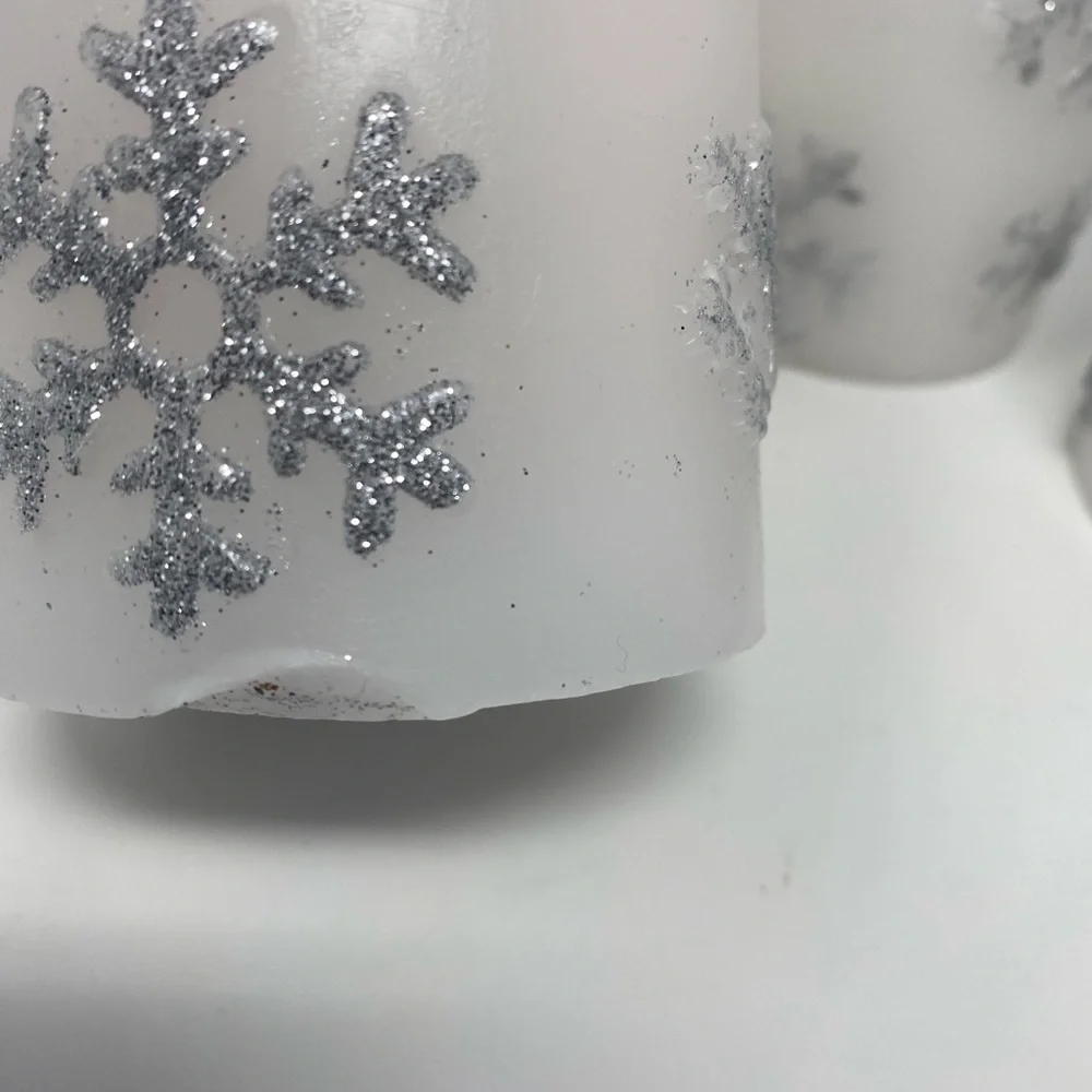 Set of 3 Silver & White Faux Snowflake Glitter Candles